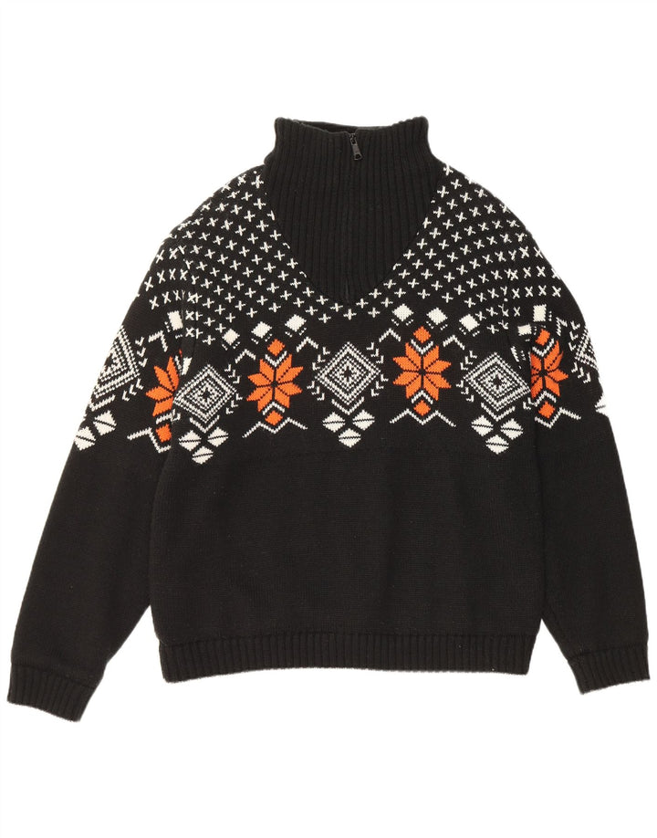 VINTAGE Hombres Zip Neck Jumper Suéter IT 52/54 Grande Negro Fair Isle