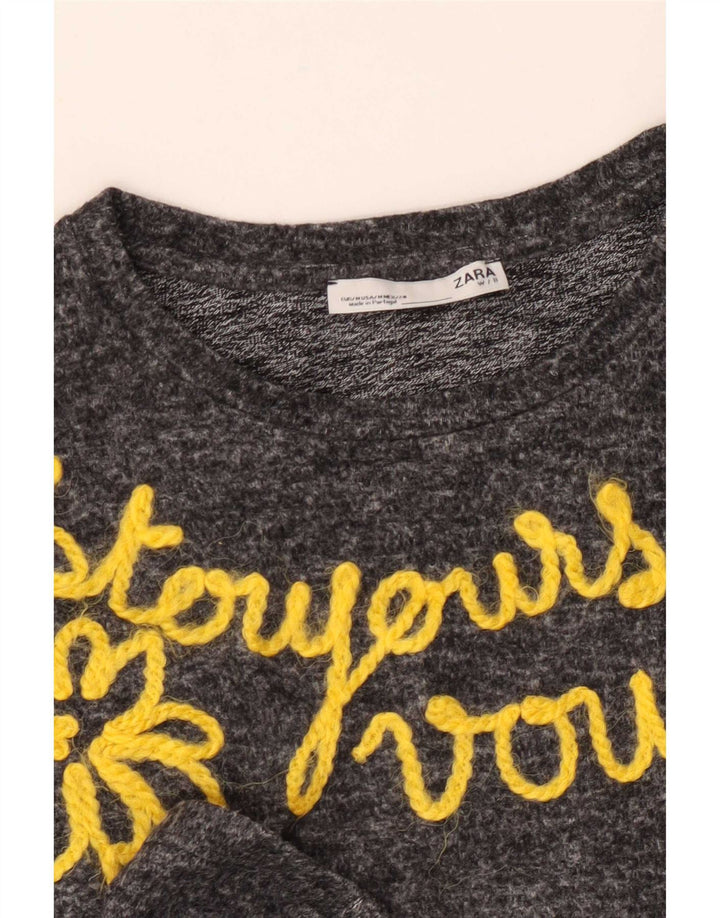 Zara Mujer Top Gráfico Manga Larga UK 42 Gris Medio Floral