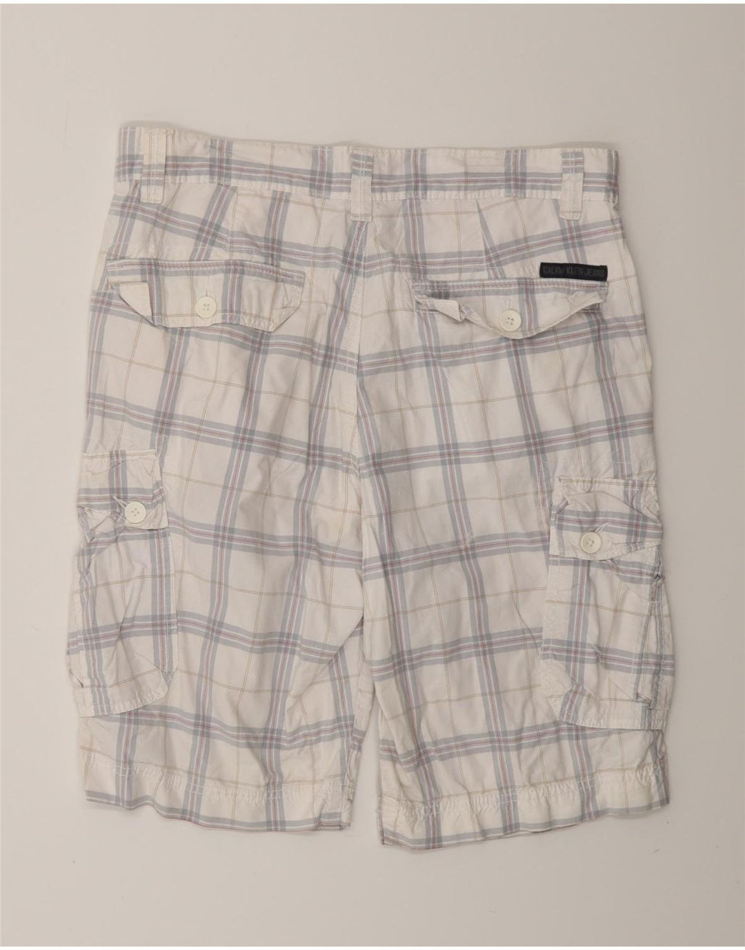 CALVIN KLEIN Shorts cargo para hombre W32 Algodón a cuadros blanco mediano