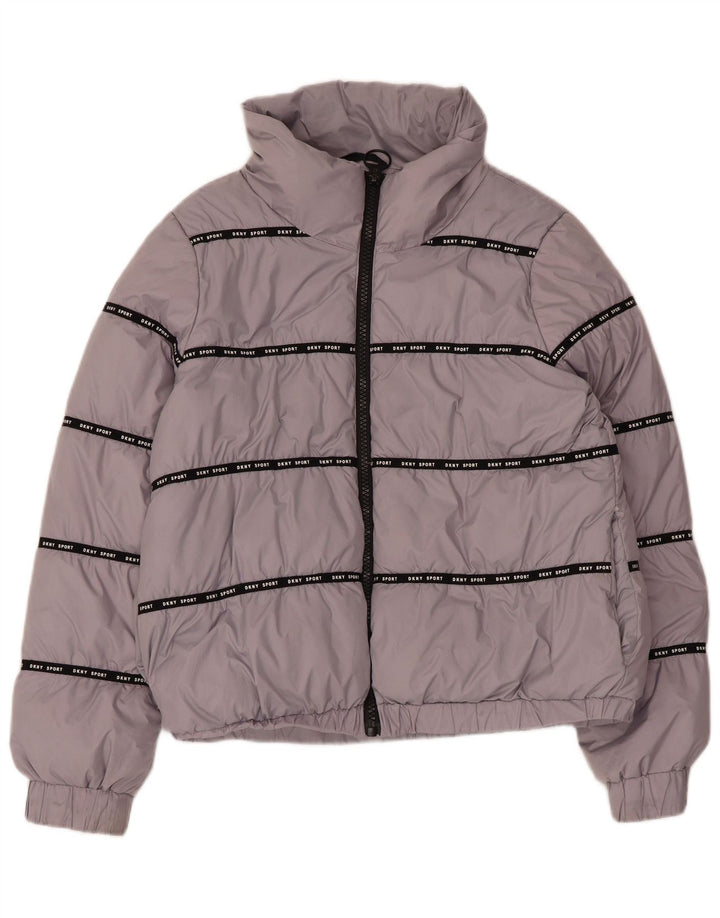 Dkny Chaqueta acolchada con capucha gráfica para mujer UK 40 Poliéster gris medio