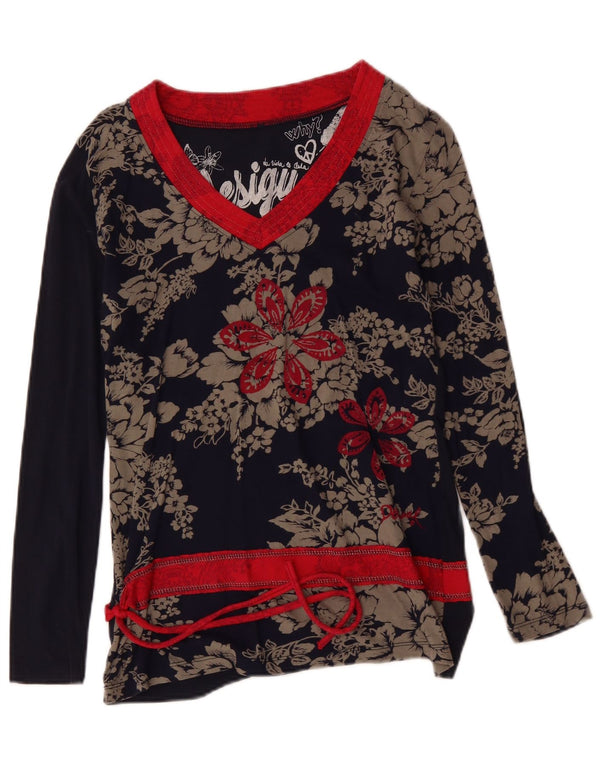 Desigual Mujer Top Manga Larga UK 40 Grande Azul Marino Floral