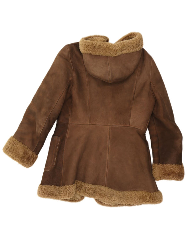Vintage mujer con capucha chaqueta de piel de oveja Reino Unido 10 cuero marrón pequeño