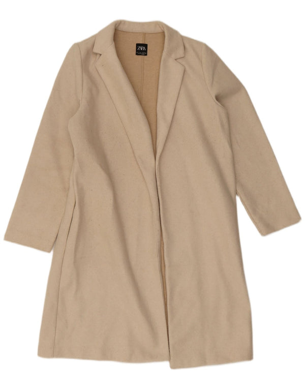 Zara Mujer Abrigo Abierto UK 46 Grande Poliéster Beige