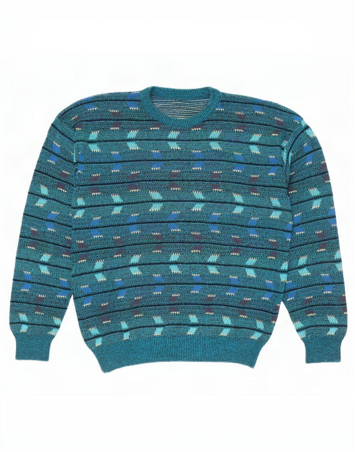 Vintage hombres cuello redondo jersey suéter azul medio geométrico