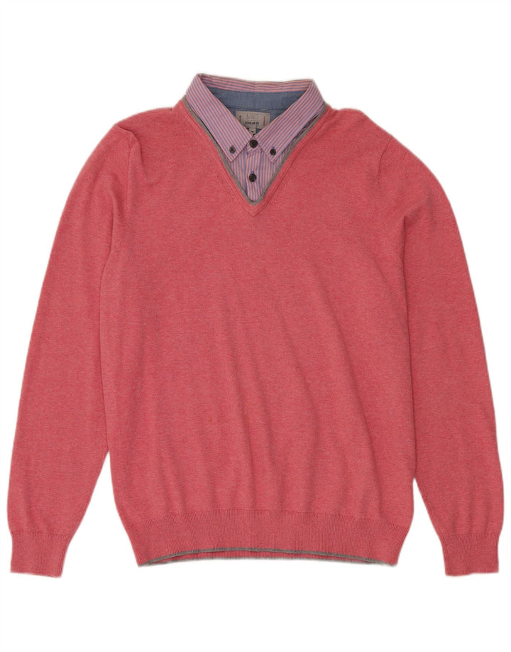 Marks & Spencer Jersey Regular Fit con Cuello en V para Hombre de algodón Rosa Medio