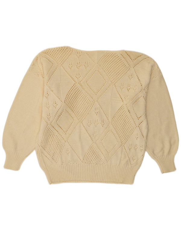 Vintage hombres barco cuello jumper suéter Reino Unido 16 grande de blanco Argyle/Diamond