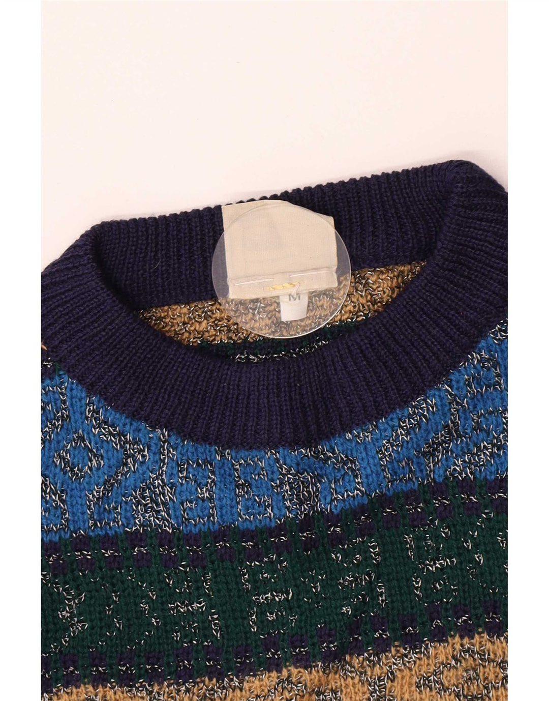Vintage hombres cuello redondo jersey suéter medio azul Argyle/Diamante