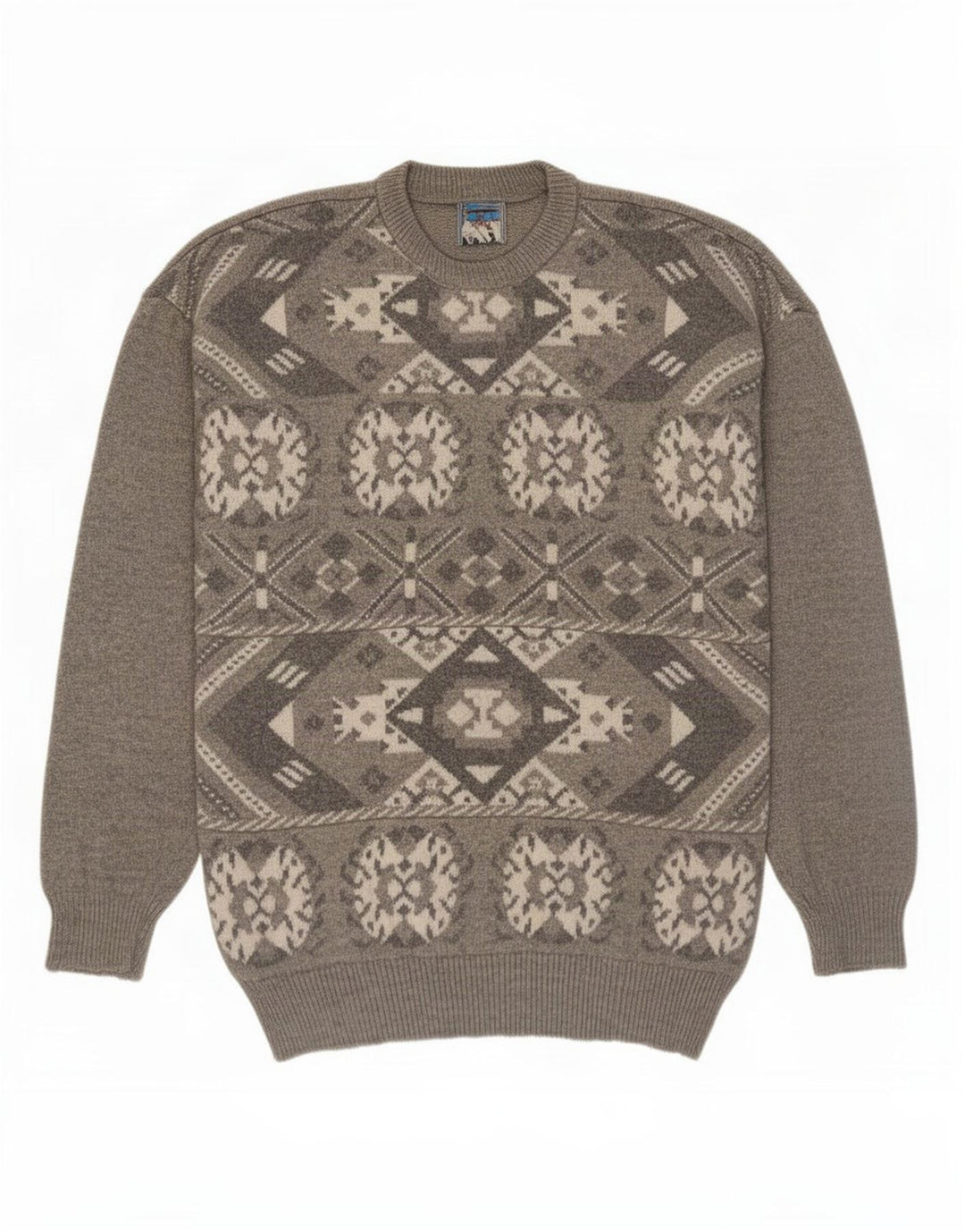 Vintage hombres cuello redondo jersey suéter medio gris Fair Isle