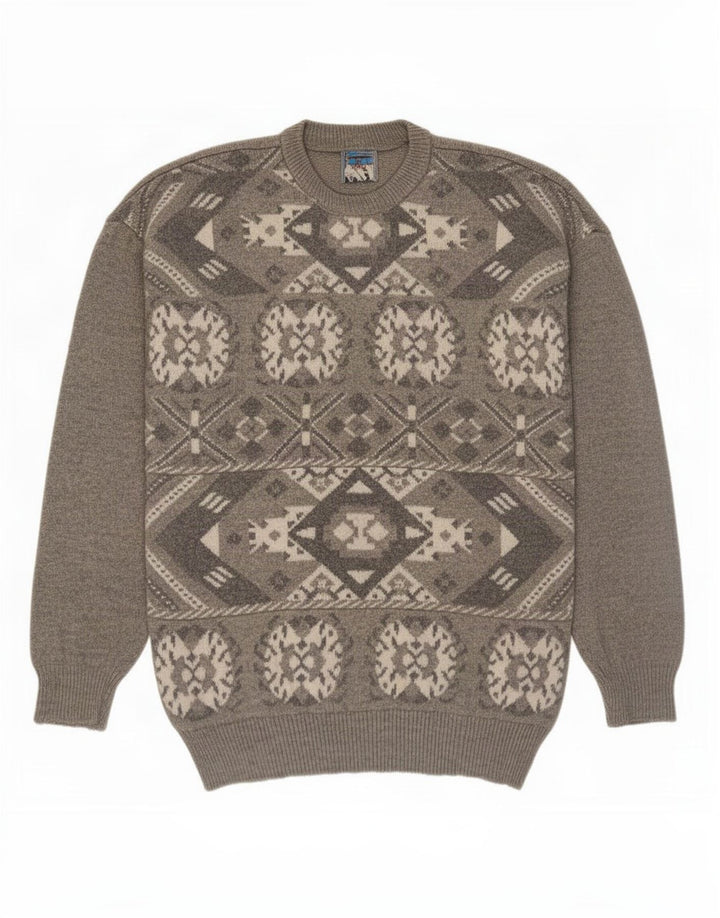 Vintage hombres cuello redondo jersey suéter medio gris Fair Isle