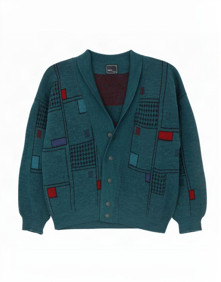 Vintage hombres Cardigan suéter XL verde lana geométrica