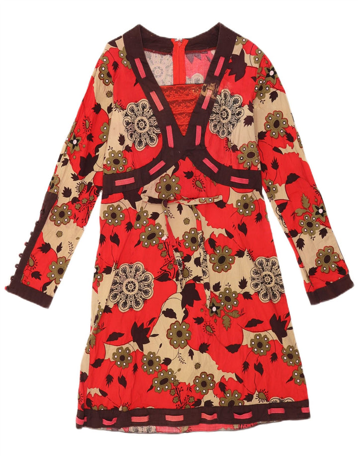 Vintage mujer manga larga vestido básico Reino Unido 12 algodón floral rojo medio