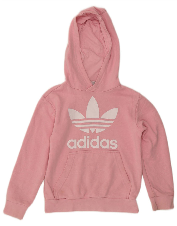 ADIDAS Girls Graphic Hoodie Jumper 7-8 Years Pink Cotton Vintage Adidas and Second-Hand Adidas from Messina Hembry 