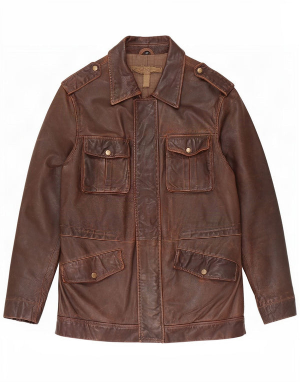 Vintage hombres chaqueta de cuero militar Reino Unido 36 pequeño marrón