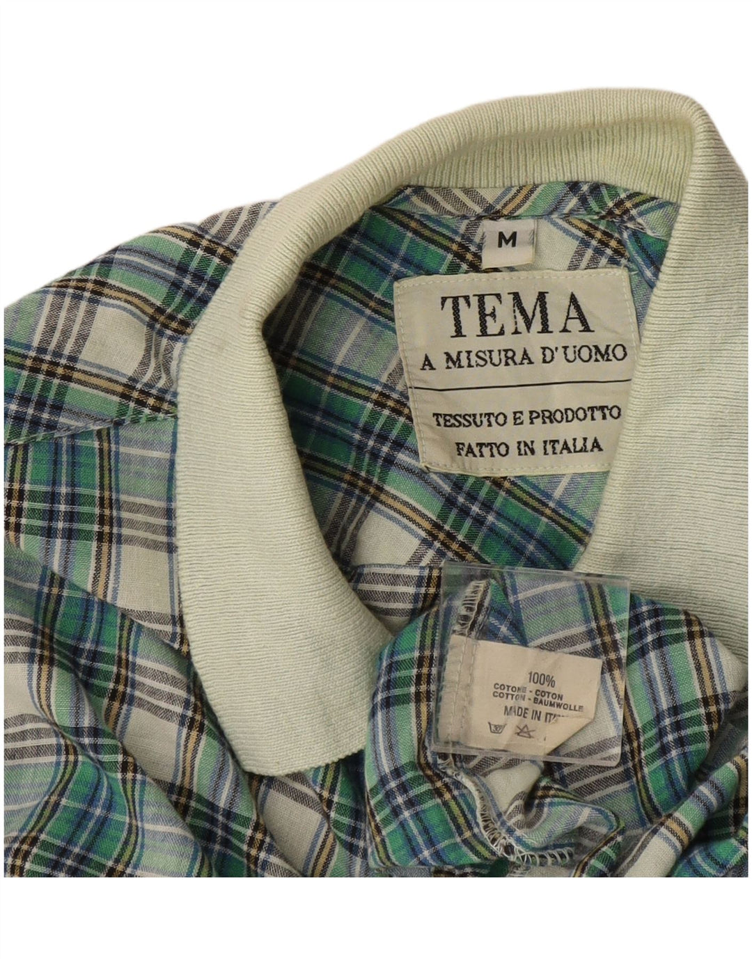 Vintage hombres pullover camisa medio verde comprobar algodón