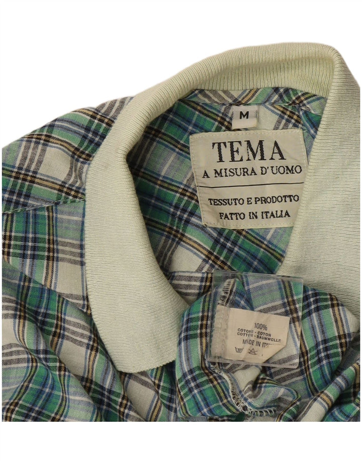 Vintage hombres pullover camisa medio verde comprobar algodón
