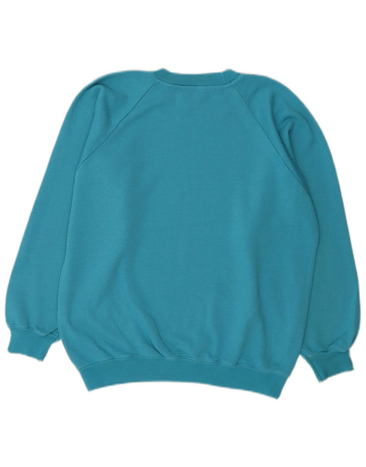 Vintage mujer sudadera gráfica jumper Reino Unido 14 algodón azul medio