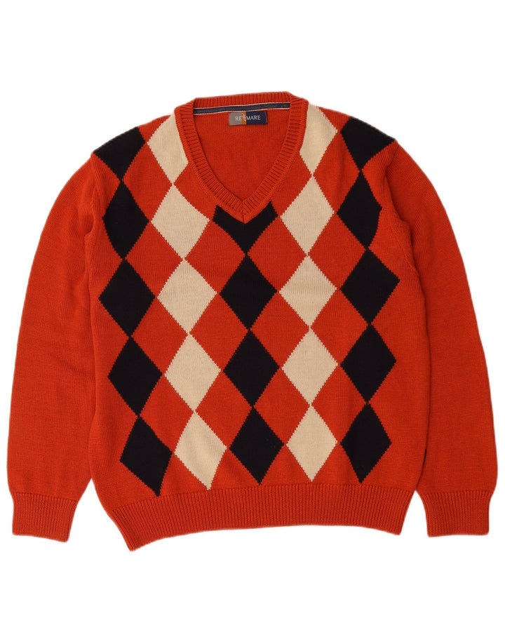 Re Del Mare Suéter con cuello en V para hombre Argyle naranja medio/lana de diamante