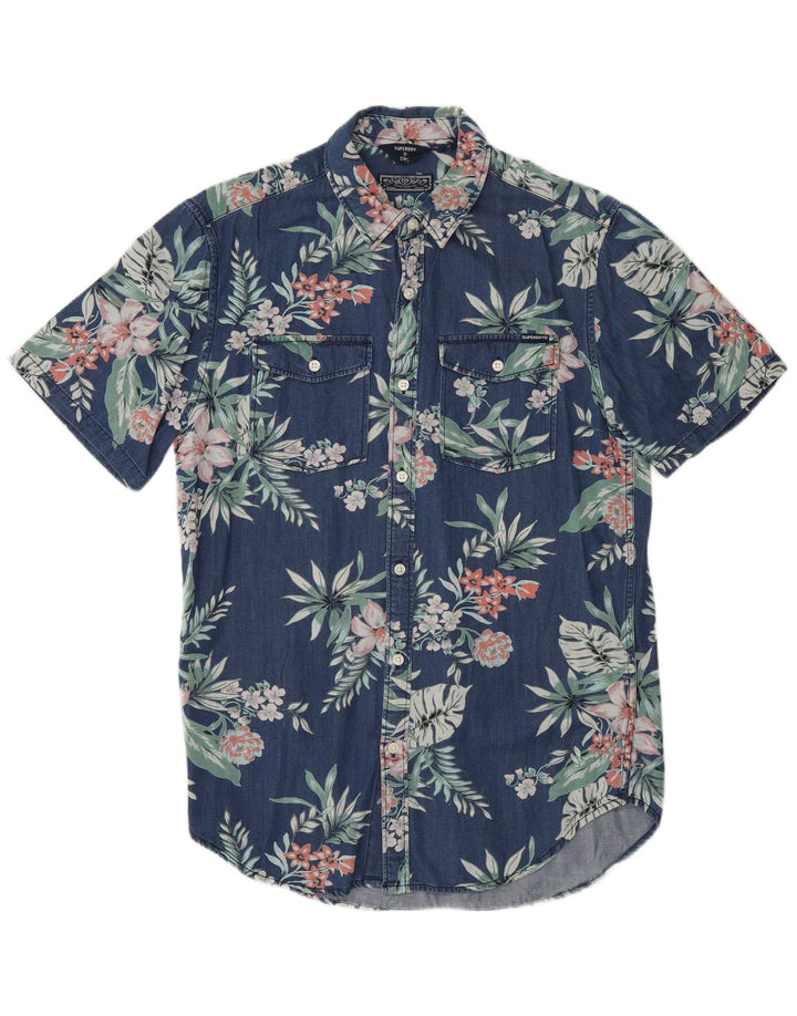 SUPERDRY Hombre Camisa Manga Corta Viscosa Floral Azul Marino Medio