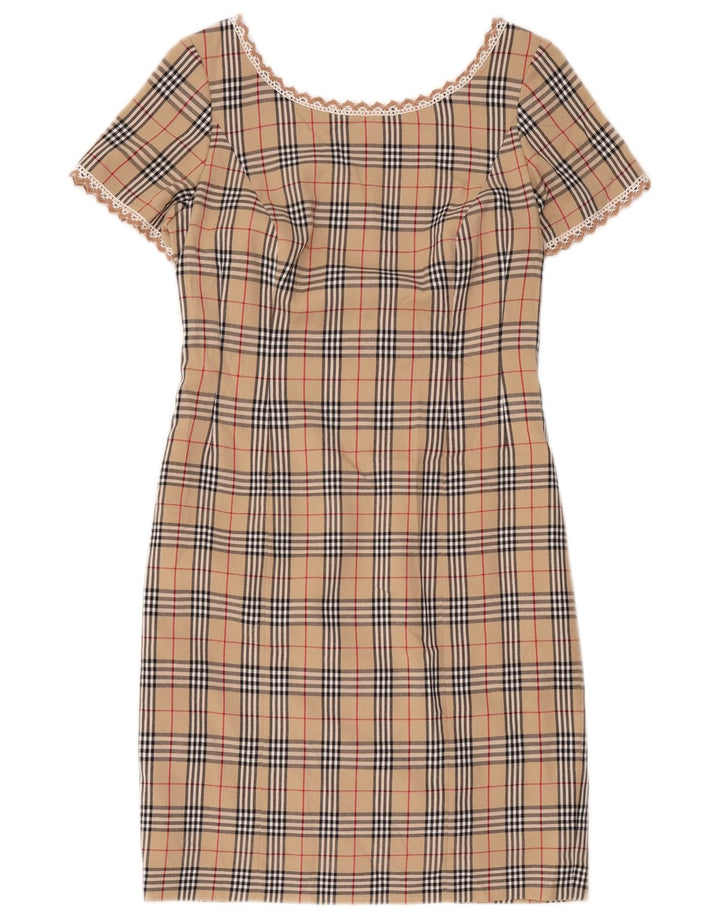 Vintage mujer vestido de vaina Reino Unido 12 cuadros beige medio