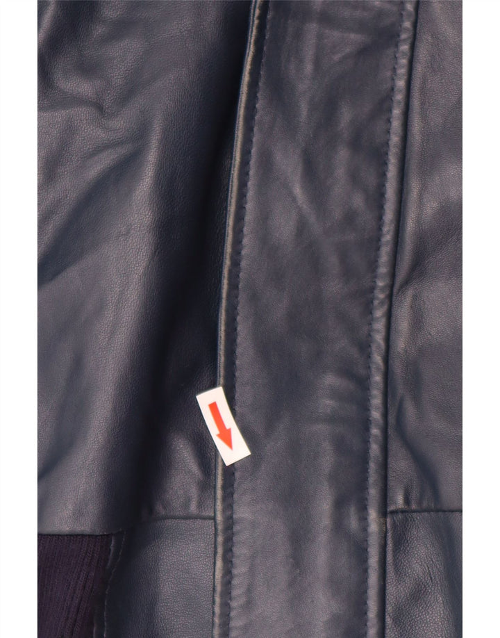 VINTAGE chaqueta de cuero con capucha para mujer Reino Unido 14 cuero azul marino grande