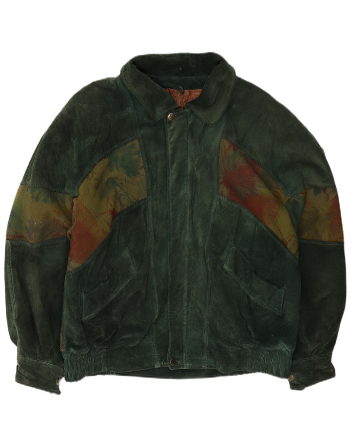Vintage hombres patrón abstracto ante bomber chaqueta IT 50 cuero verde grande