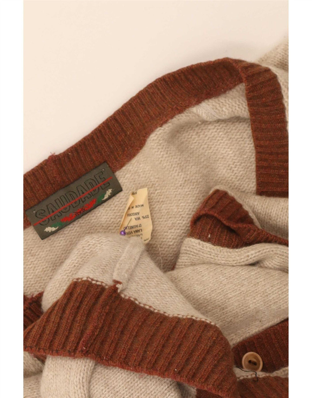 Vintage hombres Cardigan suéter pequeño beige Argyle/lana de diamante