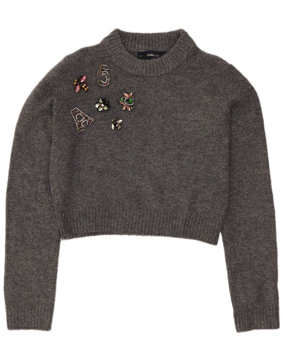 Zara Mujer Suéter De Cuello Redondo Gráfico De Gran Tamaño UK 10 Small Gris