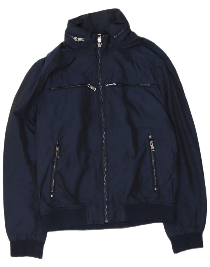 Zara Hombre Cazadora Bomber Con Capucha UK 42 XL Azul Marino Poliéster