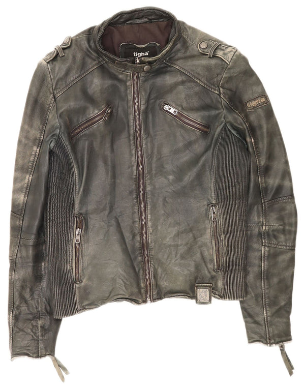 Tigha Chaqueta de cuero para mujer UK 46 Large Khaki