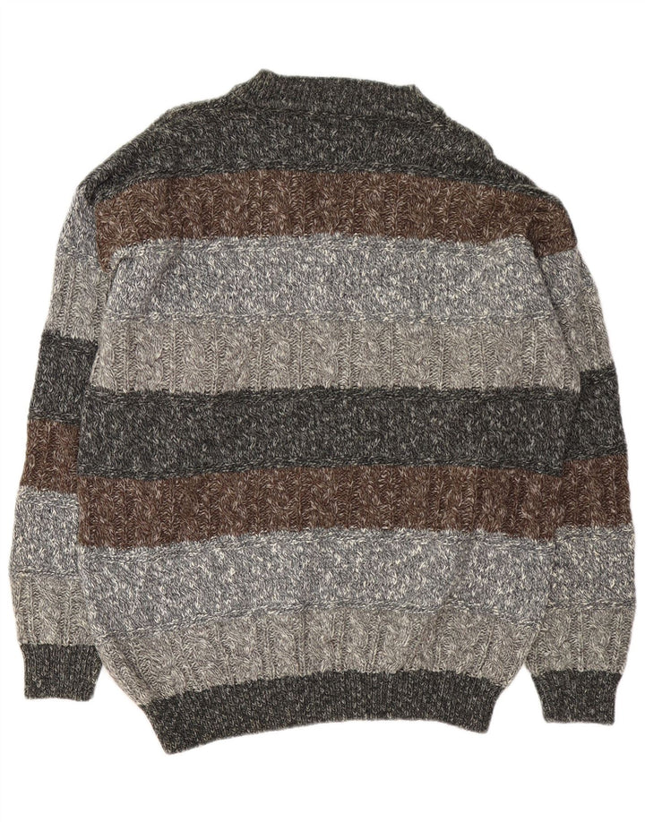 Vintage hombres V-cuello jumper suéter XL gris rayas lana