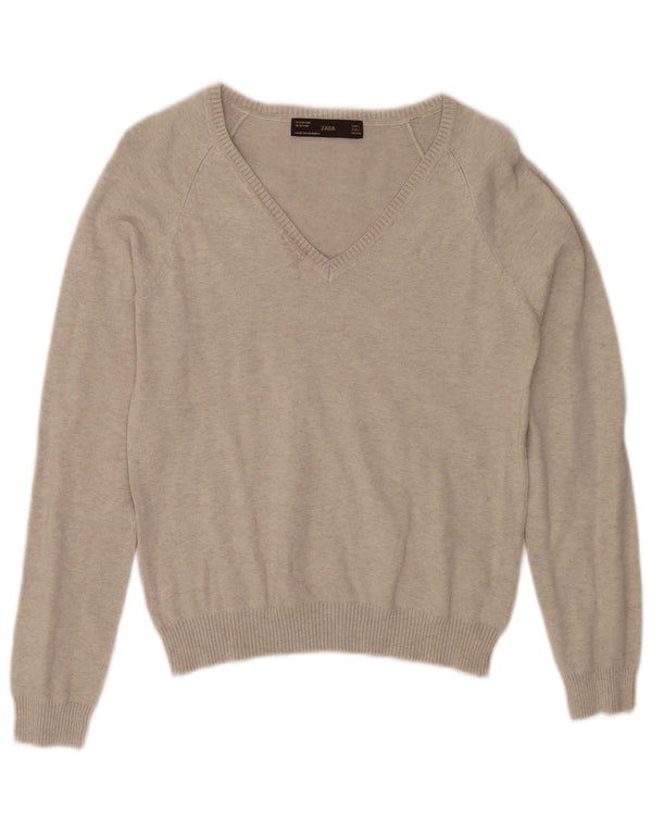 Zara - Jersey corto con cuello en V para mujer, talla 40, talla grande, algodón gris