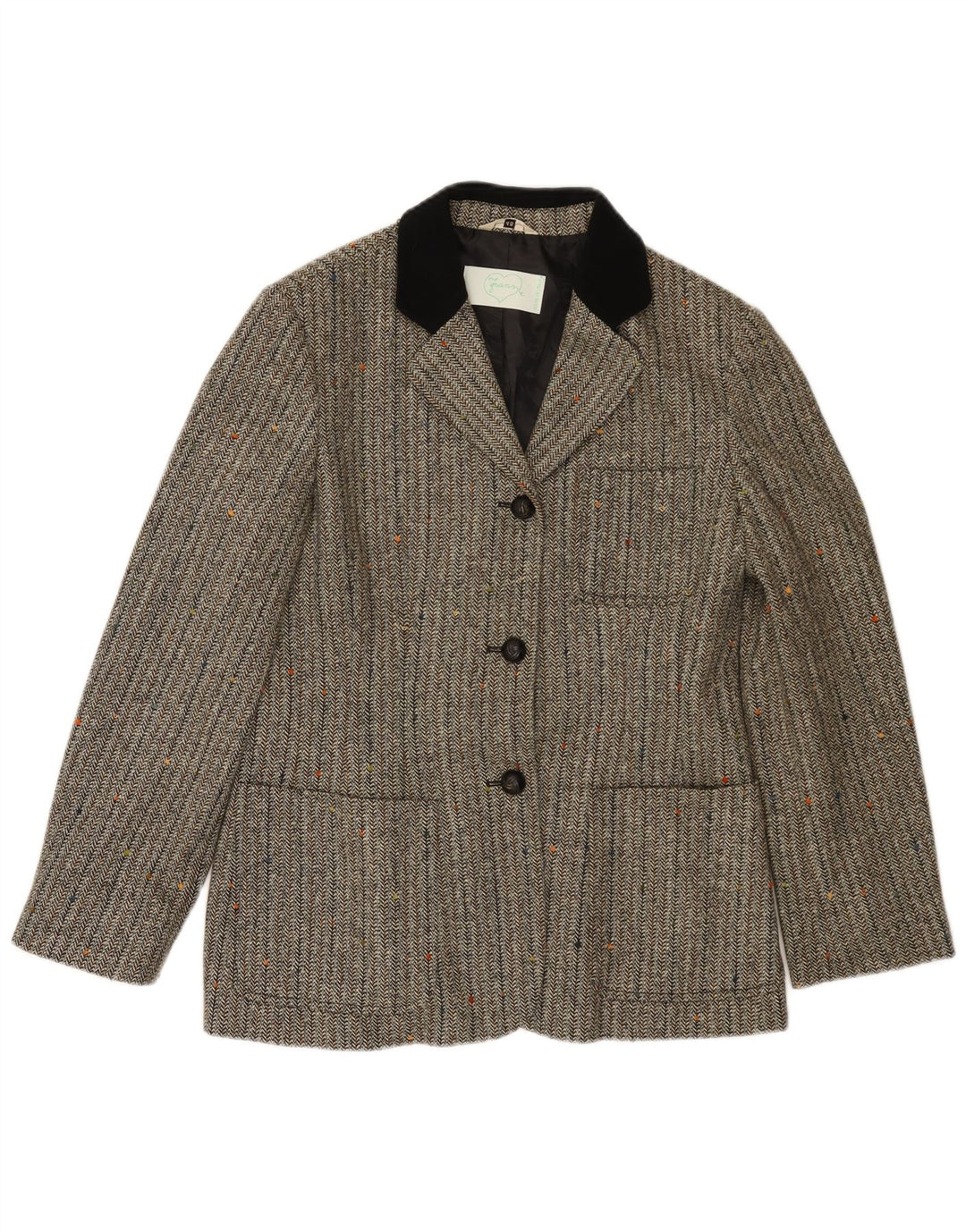 Vintage mujer 3 botones Blazer chaqueta IT 46 lana de espiga gris grande