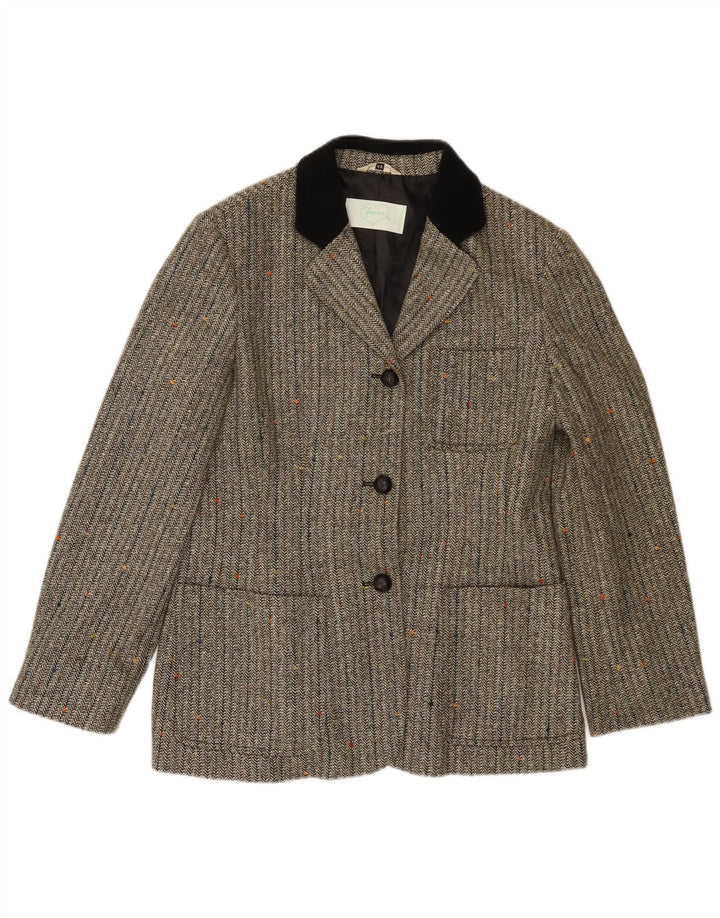 Vintage mujer 3 botones Blazer chaqueta IT 46 lana de espiga gris grande