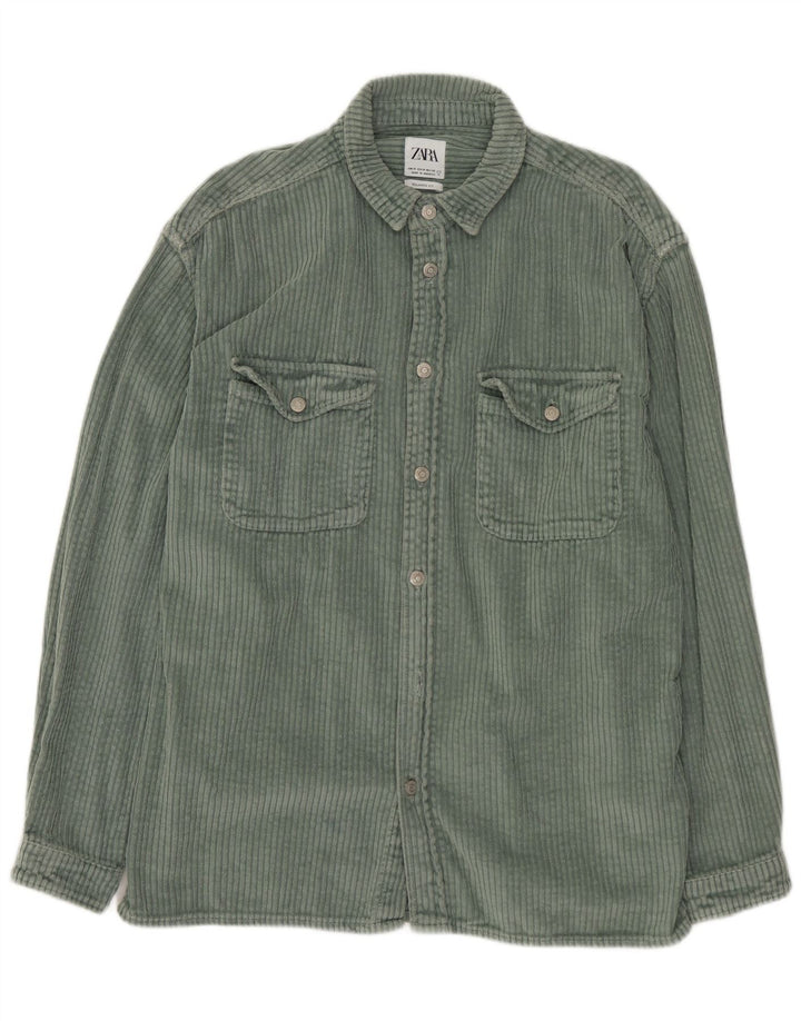 ZARA Hombre Camisa Relaxed Fit De Pana Algodón Verde Medio