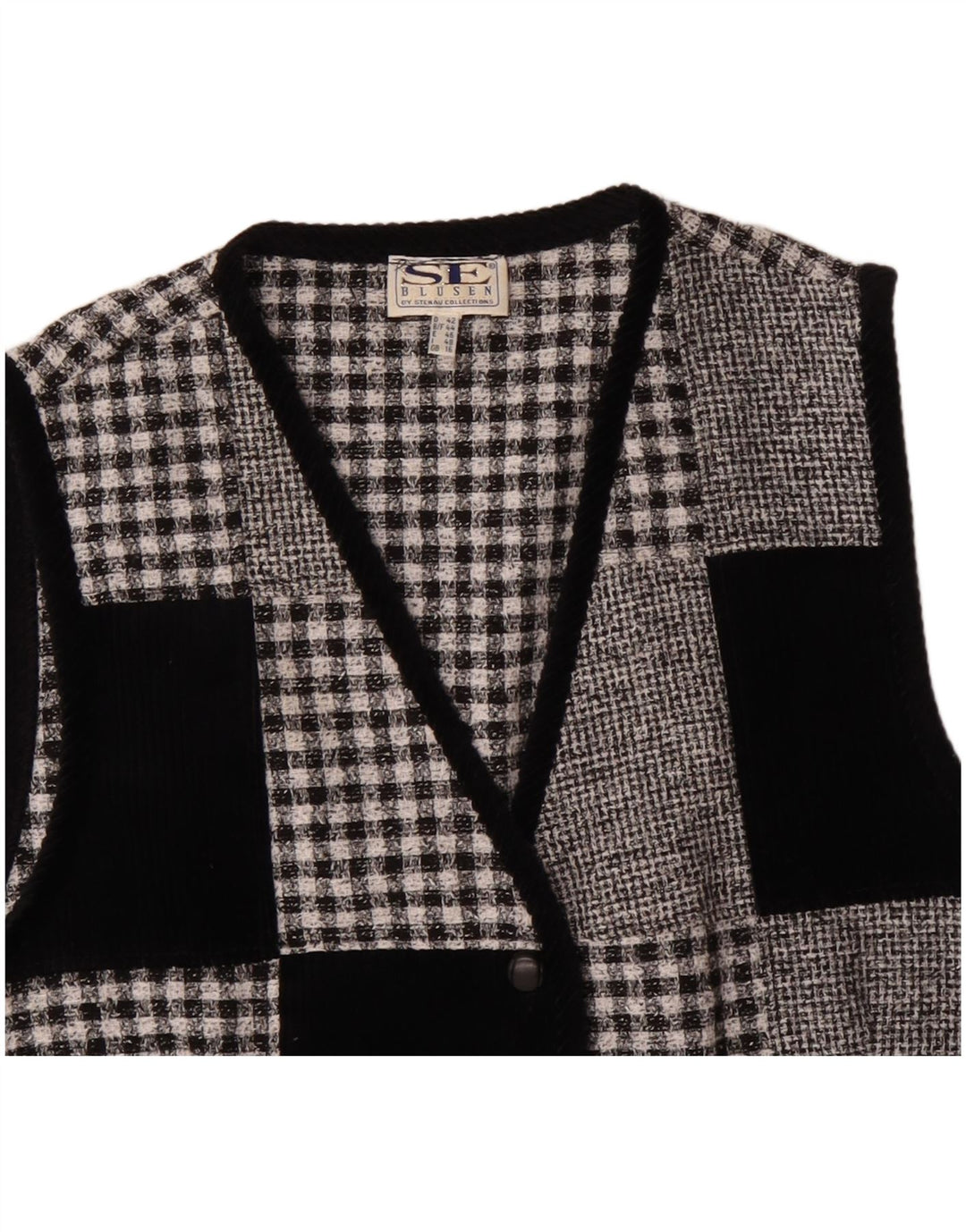 VINTAGE Chaleco de mujer Reino Unido 16 Poliéster patchwork negro grande