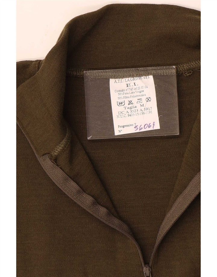 Vintage hombres zip cuello jumper suéter medio caqui poliamida