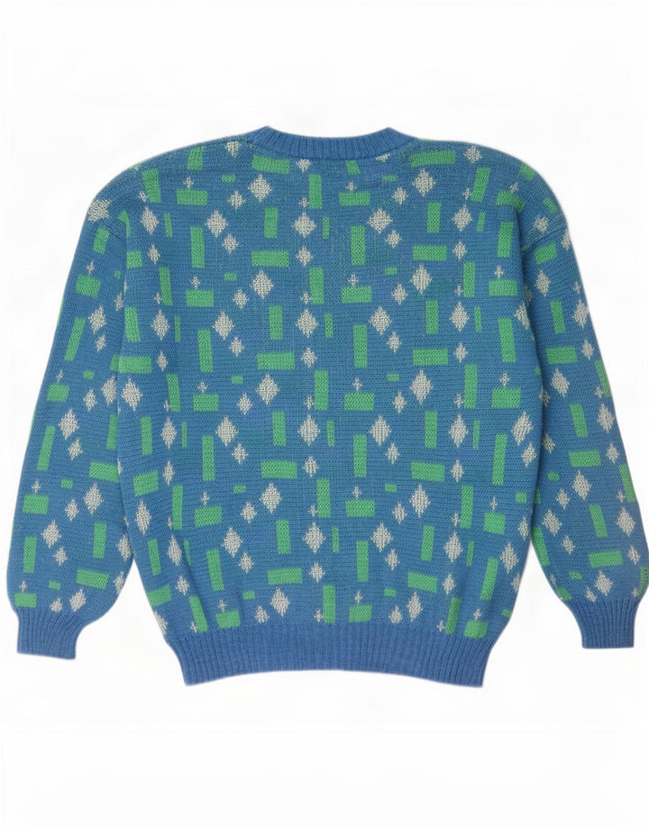 Vintage hombres cuello redondo jersey suéter grande azul geométrico