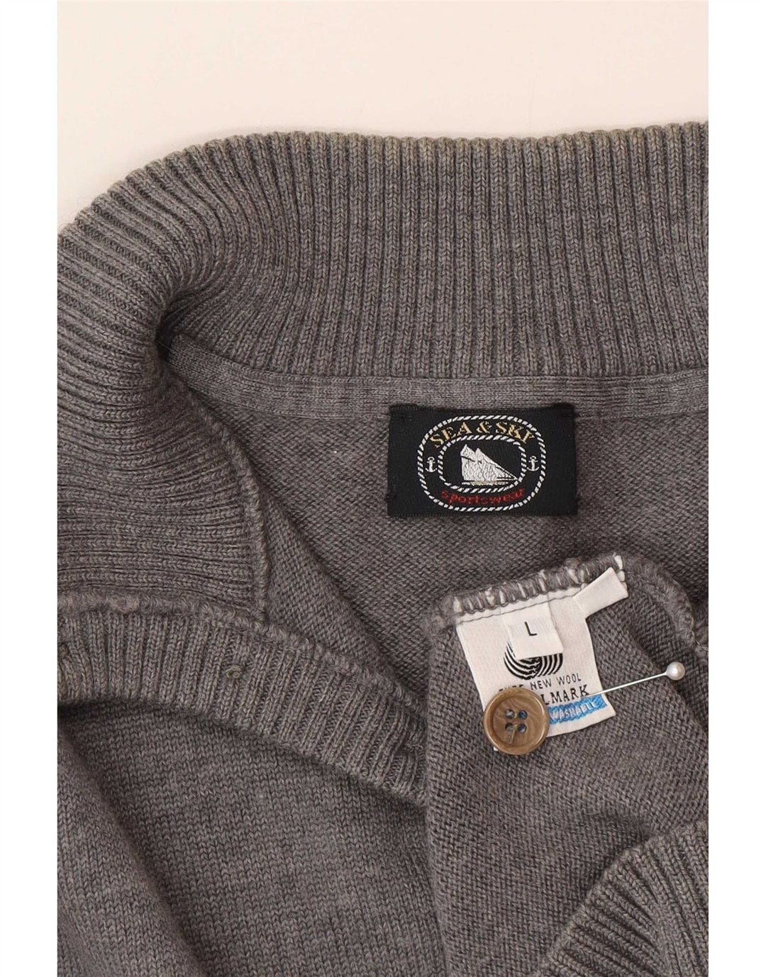 Sea & Sky - Jersey para hombre con cuello y botones, lana gris grande