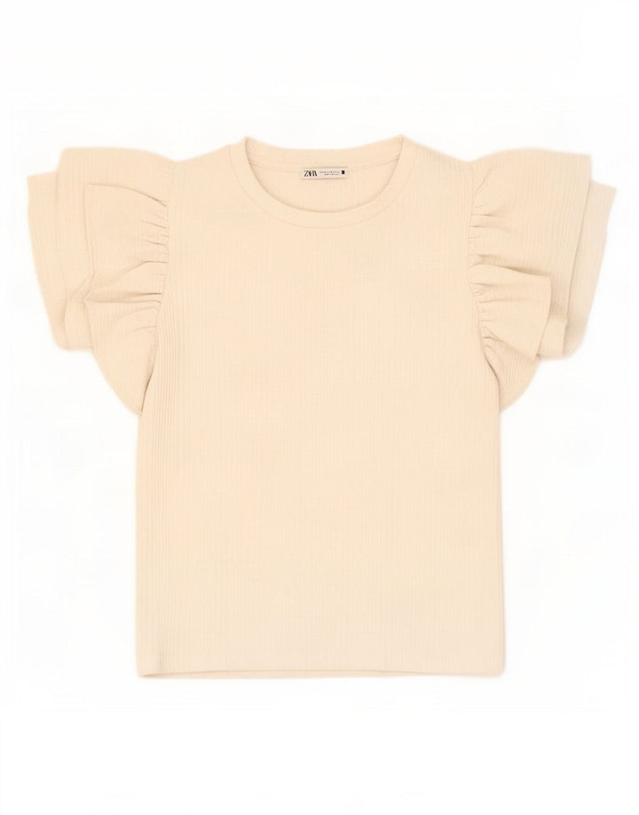 Zara Mujer Crop Blusa Top UK 12 Medio Off White Poliéster