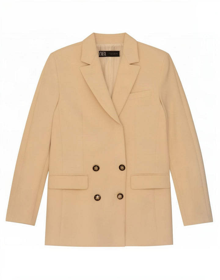 Zara Mujer Chaqueta Blazer De Doble Botonadura UK 10 Small Beige Poliéster