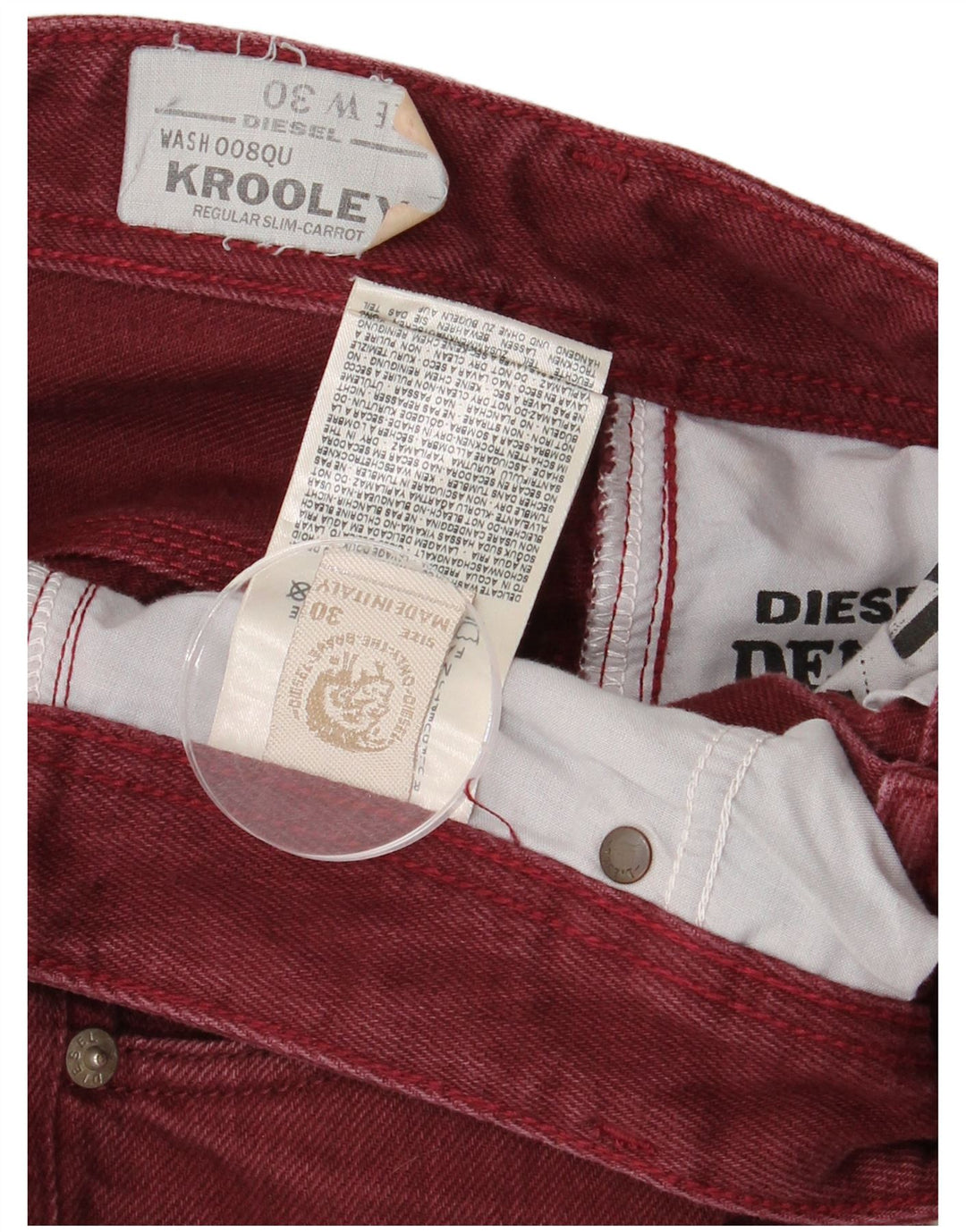 Diesel Hombre Krooley Regular Slim Jeans W30 L30 Algodón Borgoña