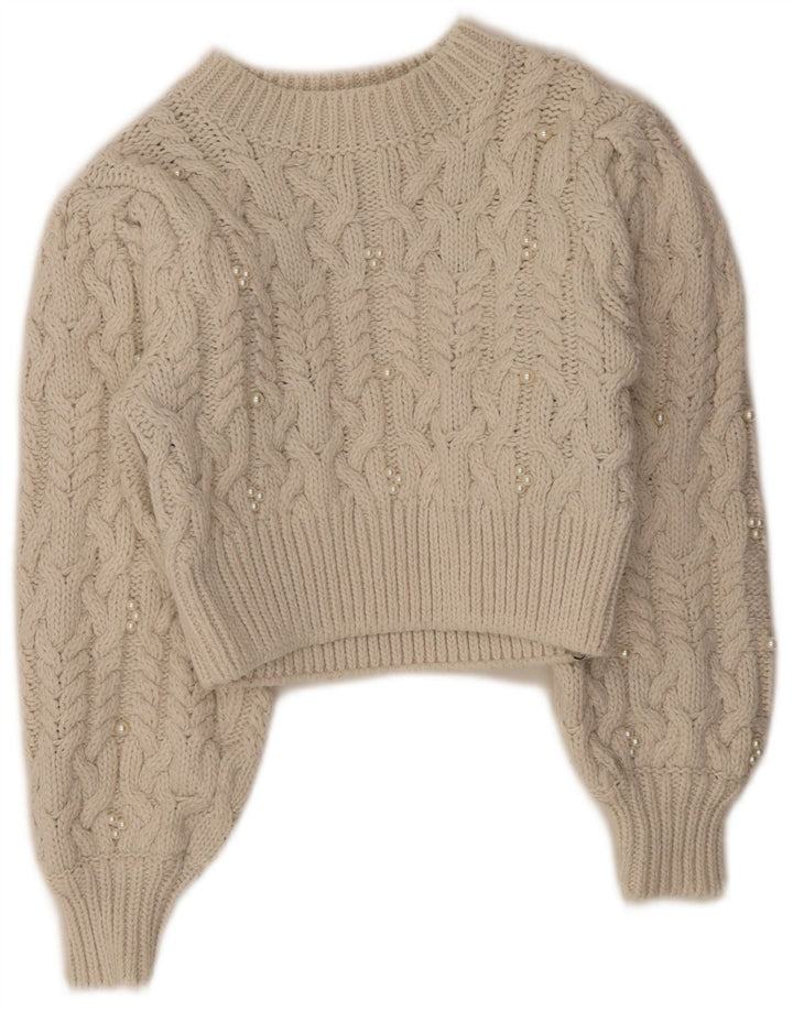 Zara Mujer Crop Crew Neck Jumper Sweater UK 8 Small Off White Poliéster