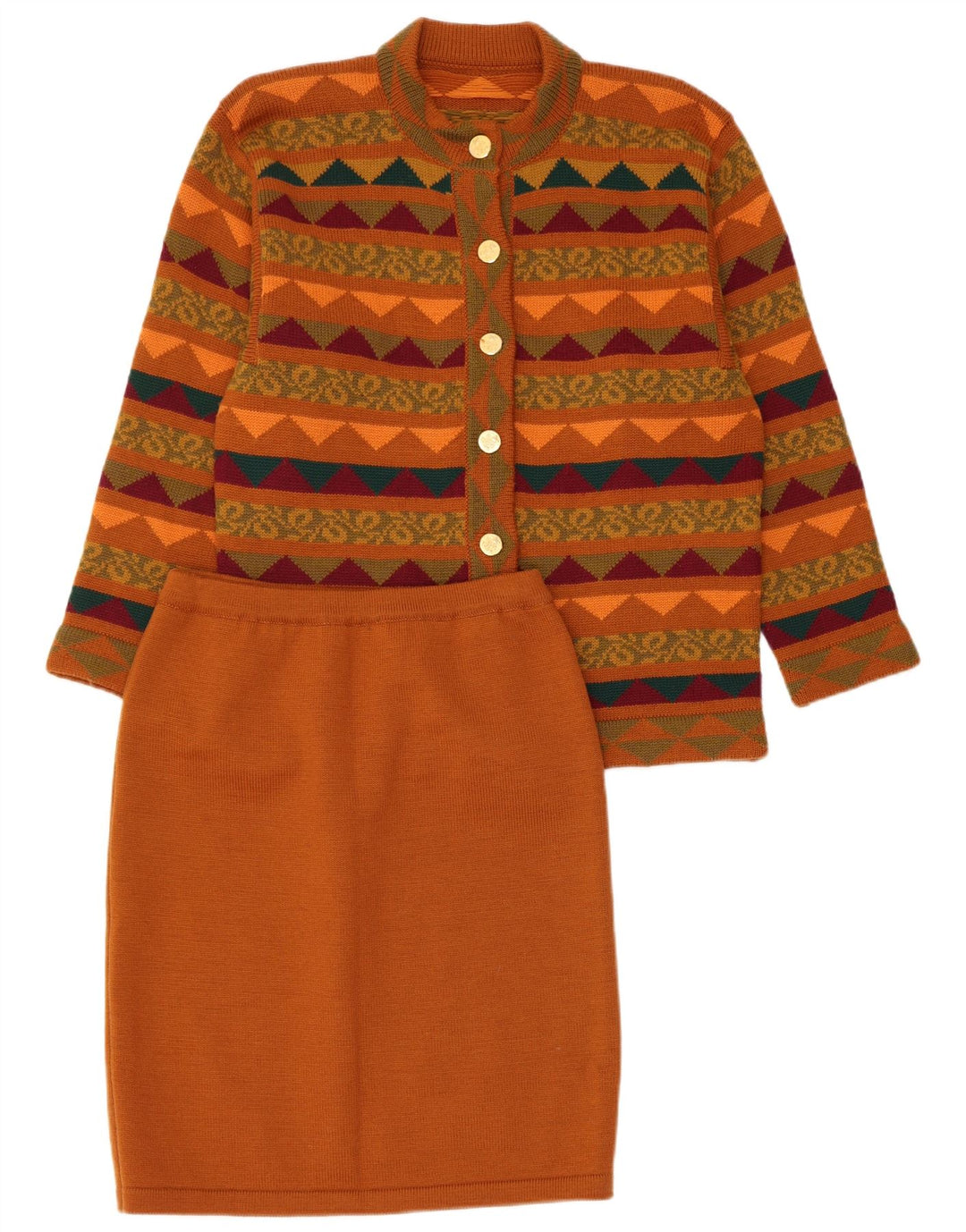 VINTAGE Mujer Punto 2 Piezas Falda Set UK 14 Medio W28 Marrón Geométrico