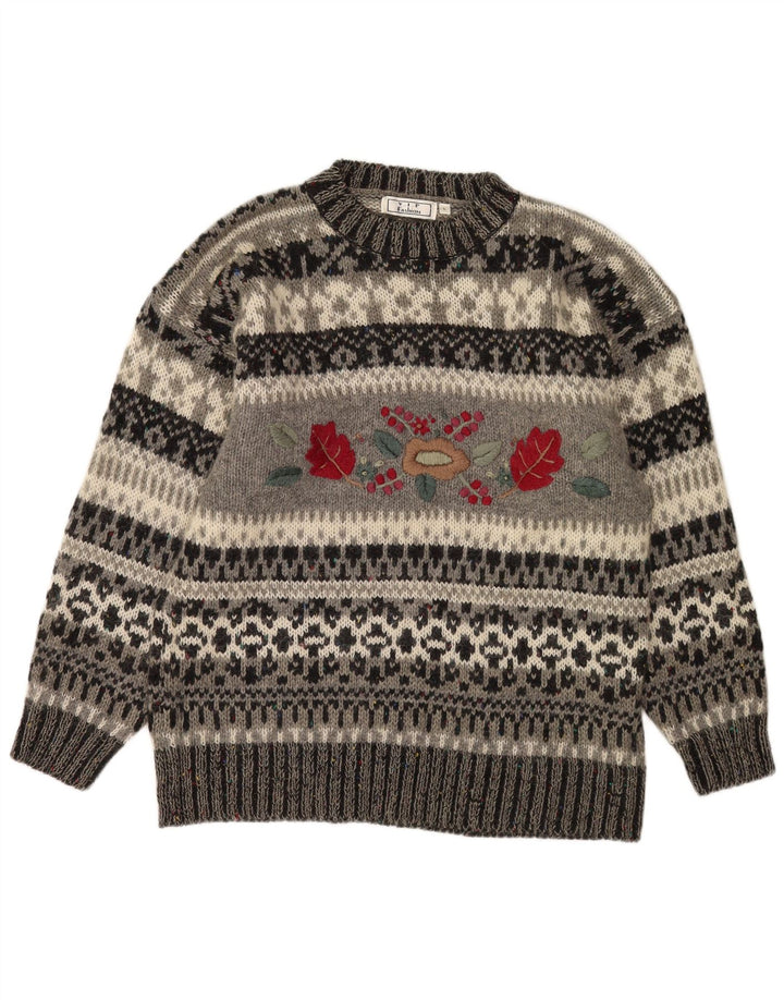 Vintage hombres cuello redondo jersey suéter grande gris Fair Isle poliacrílico