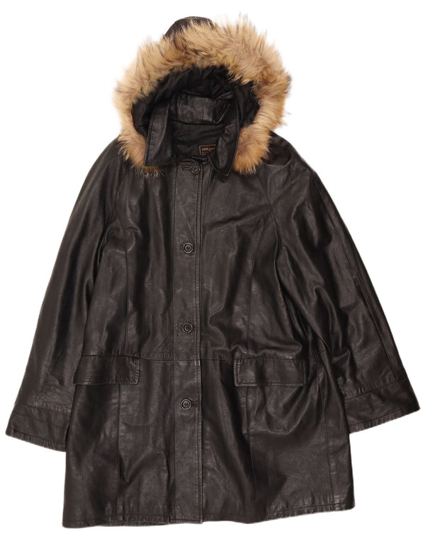 VINTAGE Abrigo de cuero con capucha para mujer IT 52 2XL Cuero negro