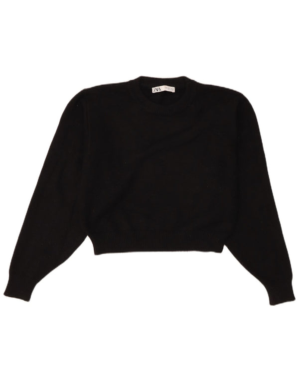 Zara Mujer Crop Crew Neck Jumper Sweater UK 46 Large Viscosa Negra