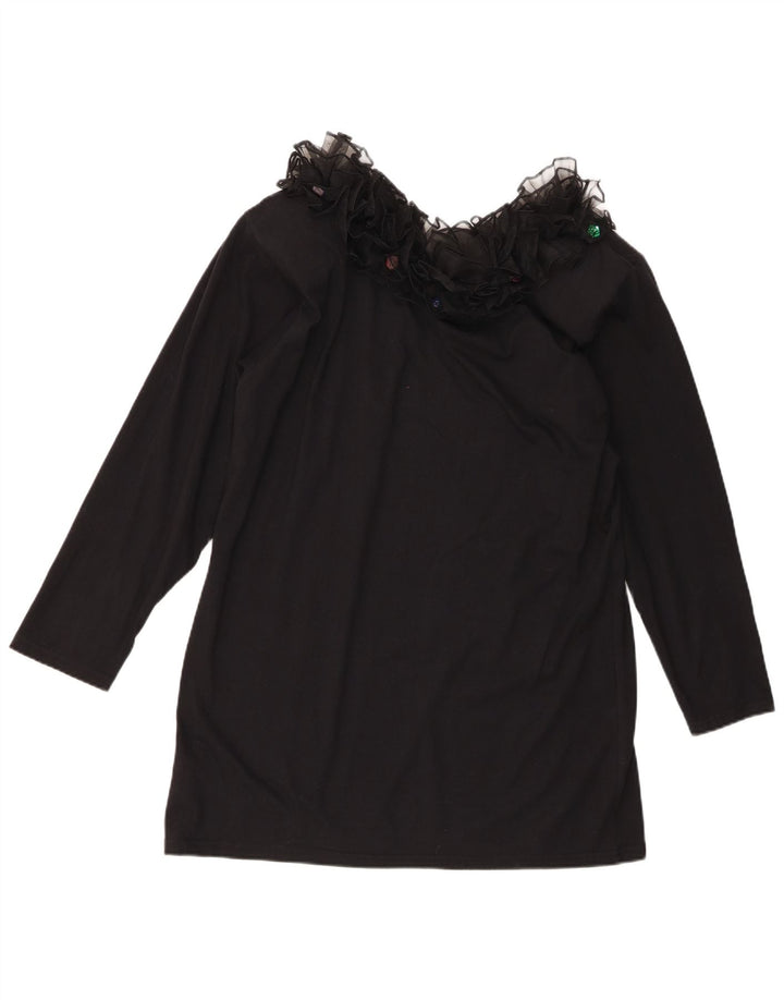 Vintage mujer volante frente manga larga túnica Top Reino Unido 16 algodón negro grande