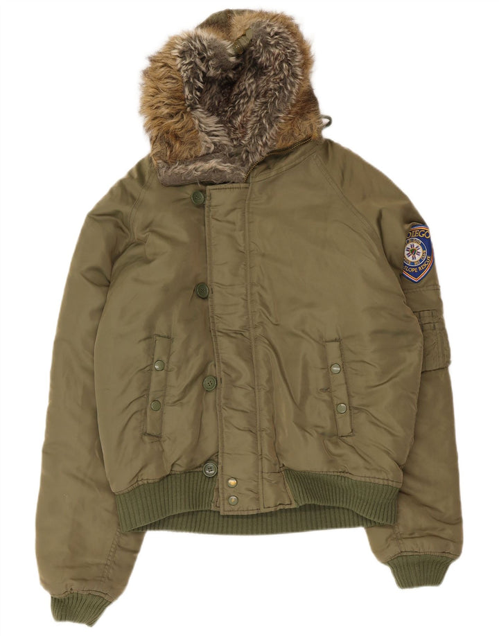 Chaqueta de esquí con capucha vintage para hombre Reino Unido 38 Nylon caqui medio