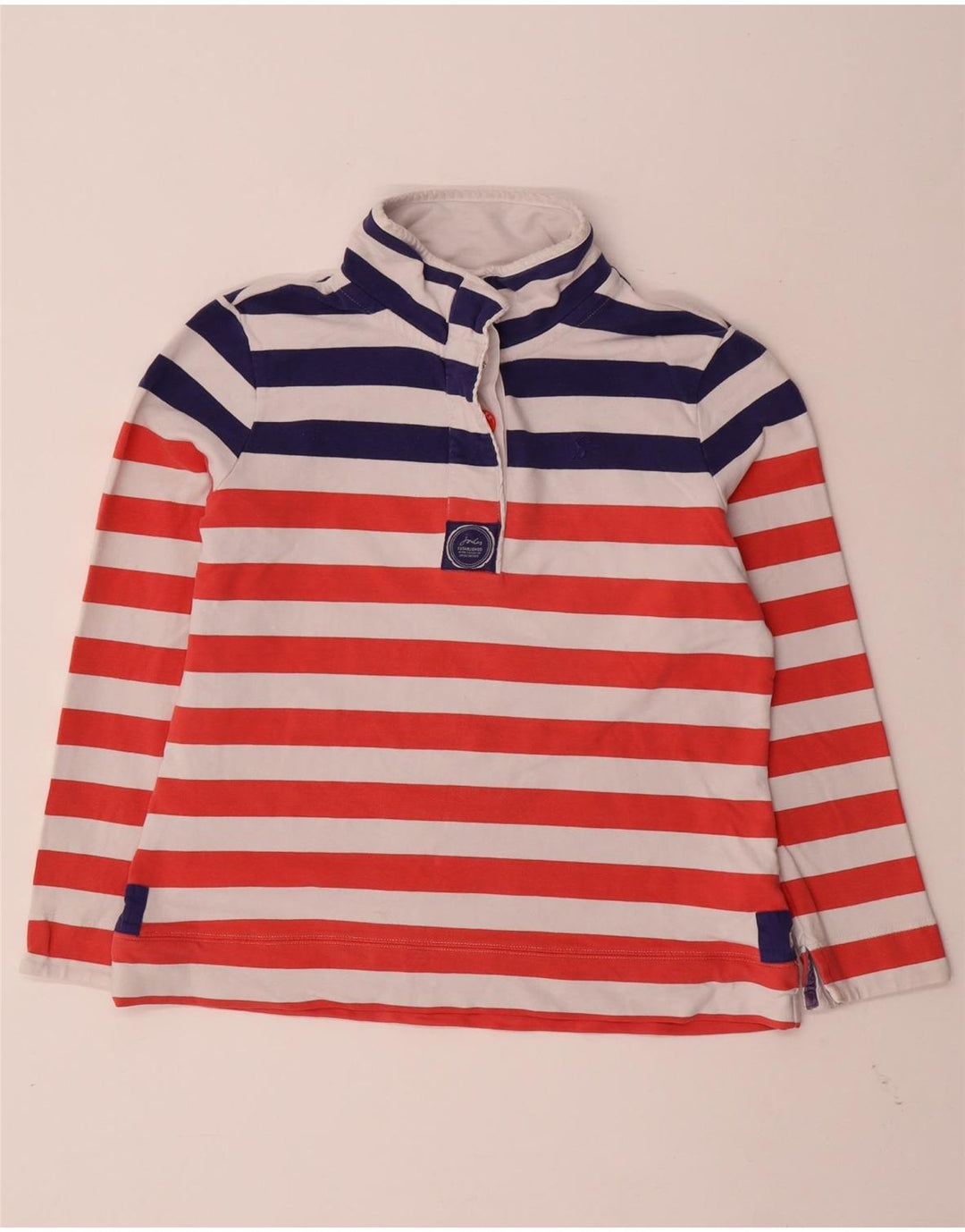 JOULES Sudadera con cuello y botones para mujer, talla 40, talla mediana, color rojo a rayas