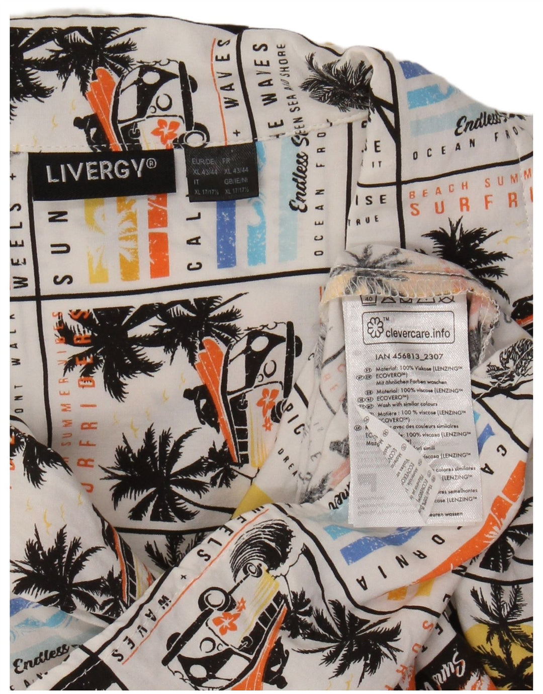 LIVERGY Camisa Manga Corta Hombre Talla 43/44 XL Blanco Viscosa Hawaiana